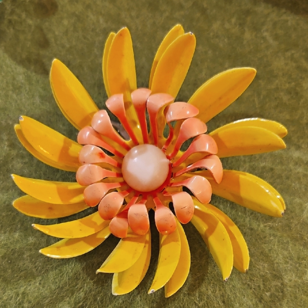 Rare Vintage Yellow And Orange Flower Brooch